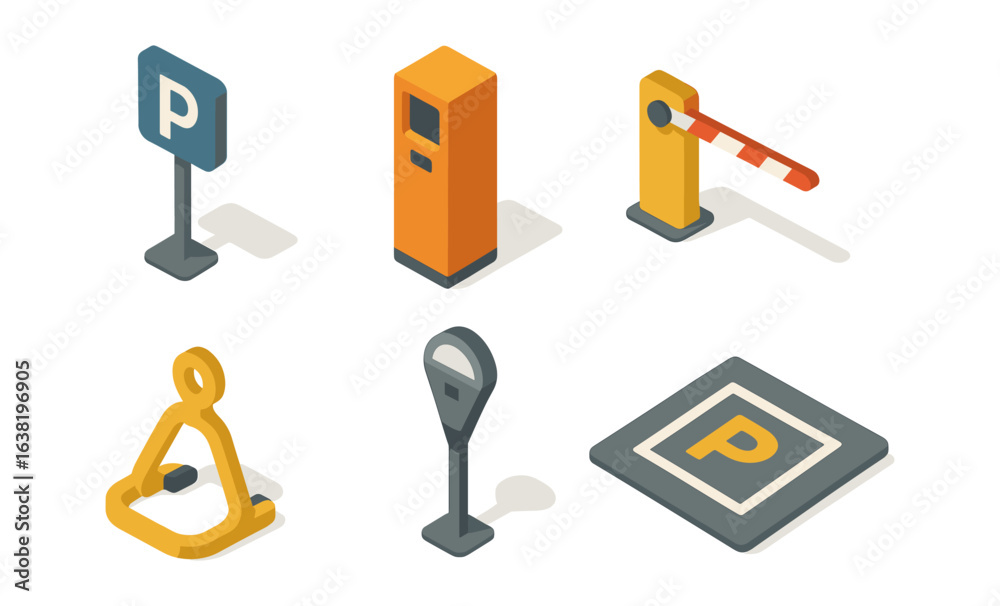 Isometric parking lot objects: signs, meters, barriers, and equipment Isometric parking lot objects: signs, meters, barriers, and equipment