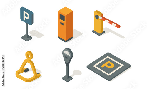 Isometric parking lot objects: signs, meters, barriers, and equipment
