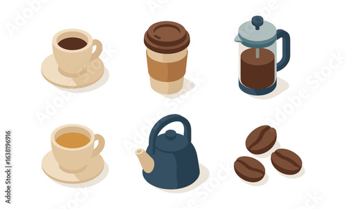Isometric coffee set with cups, french press, and coffee beans on white background