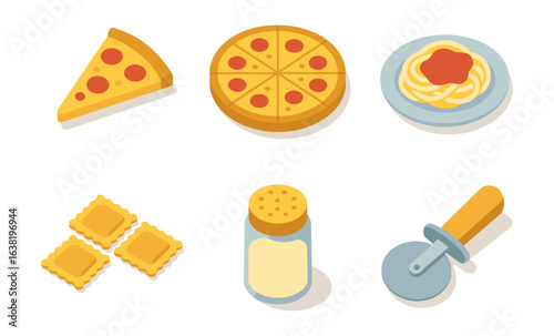 Isometric pizza and pasta collection with kitchen tools