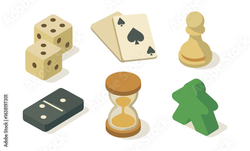 Isometric game tokens collection: dice, cards, and more for board game design