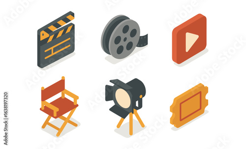 Isometric movie icons: film reel, director chair, clapboard, and camera set