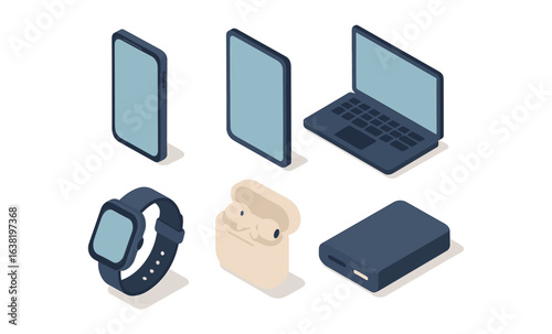 Isometric smart devices collection: phone, laptop, smartwatch, earbuds, power bank