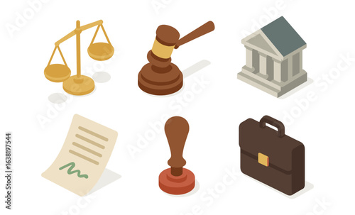 Isometric legal icons: scales gavel document court briefcase seal