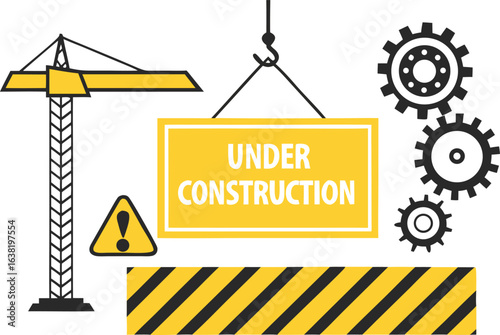 Under construction background with a web page building process, presented in vector style on a transparent backdrop.