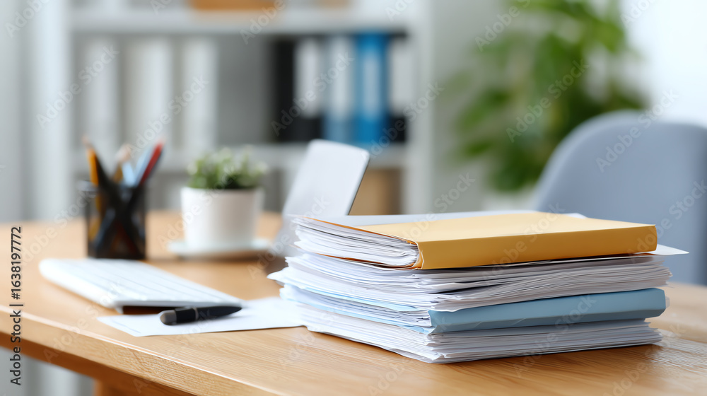 A cluttered desk with stacks of documents, a pen, and a potted plant, representing a busy workplace environment and organization. A cluttered desk with stacks of documents, a pen, and a potted plant, representing a busy workplace environment and organization.