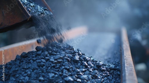Mid-action frame of coal tumbling off conveyor onto mound with airborne dust and debris