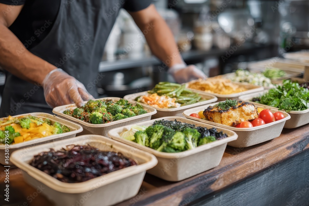 Obraz premium A chef arranges healthy meals in takeout containers for food service. Showcase fresh, convenient options for healthy eating on the go.
