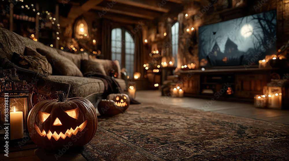 Fototapeta premium A cozy Halloween living room with glowing pumpkins, candlelight, and dark ambiance, perfect for festive celebrations and gatherings.