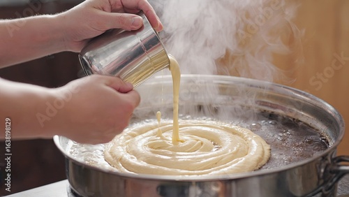 Preparing a delicious treat by pouring batter into a hot frying pan in a bustling kitchen setting