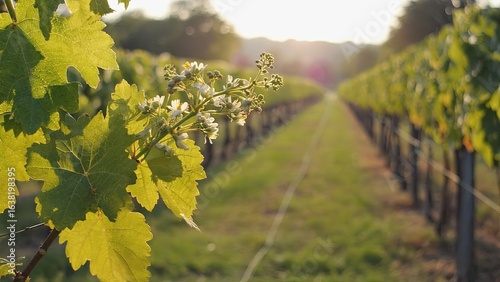 Sunlit vineyard showcasing vibrant green leaves and blooming flowers in the early evening light