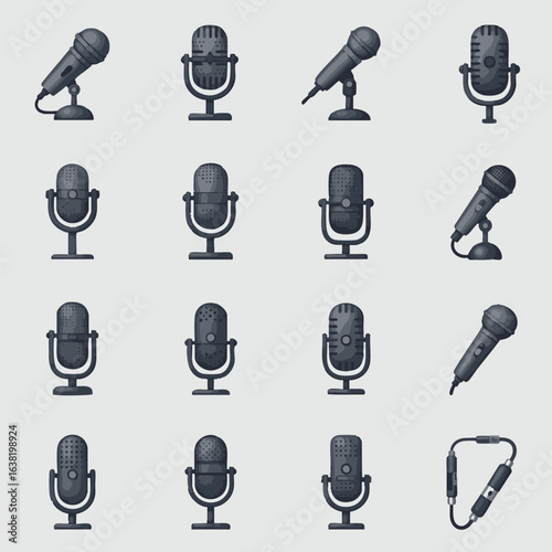 Set of vintage and modern microphone vector icons. Textured illustration of audio equipment for sound recording and broadcast.