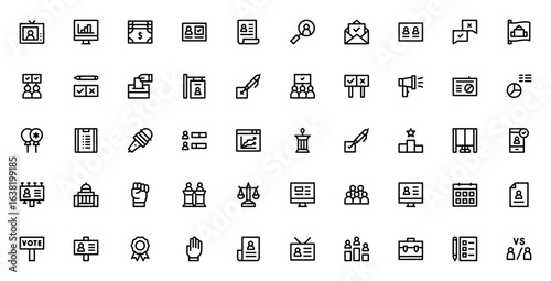 Voting elections icon set. Political vector symbols pack. Includes TV show, bar chart, vote, candidates, flag, microphone, ballot, campaign, government, debate and more. Editable stroke.