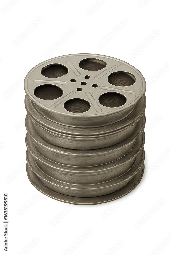 Obraz premium Stack of film reels creating a tall cylinder on transparent background