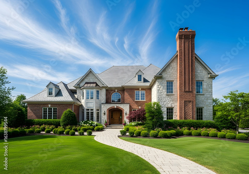 Grand brick and stone house with manicured lawn and walkway