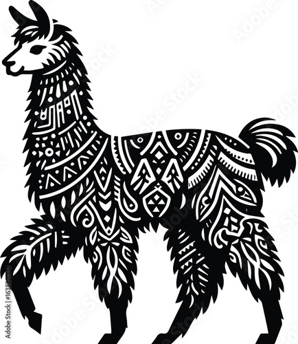 Stylized Black and White Llama with Intricate Patterns