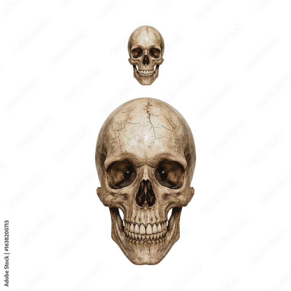 Obraz premium Two detailed human skulls one large and one small stacked vertically isolated on transparent background