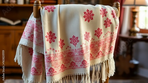 Traditional Kashmiri shawl draped over a wooden chair, intricate hand embroidery, soft pastel colors, cozy indoor lighting