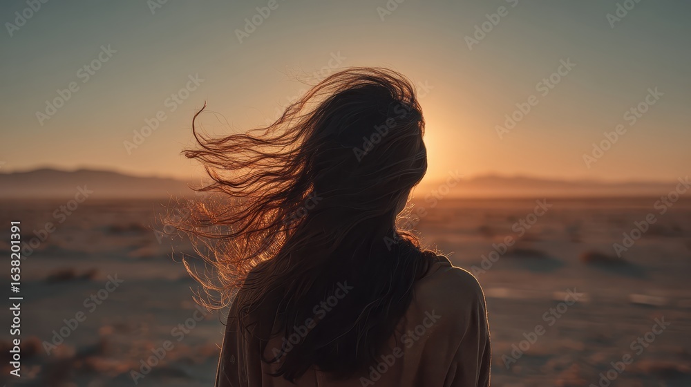 Fototapeta premium A woman stands at sunset, her hair blowing in the wind and looking at the horizon. This evokes freedom, peace, and connection with nature, perfect for travel blogs.