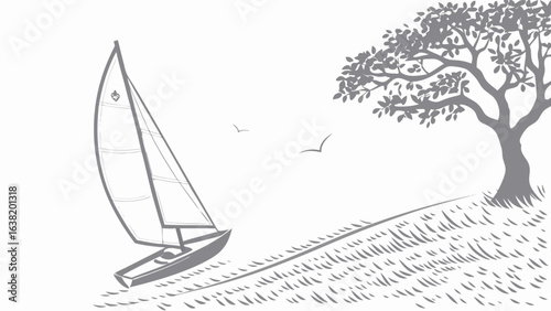 Sailboat on the sea near a tree on a hill isolated on white background, a vintage style nautical illustration for travel and adventure