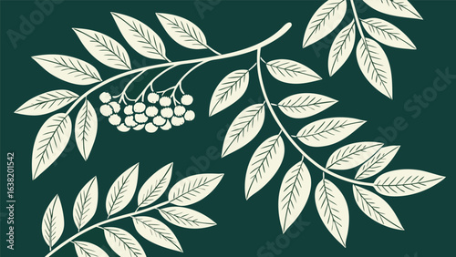 Elegant rowan branch with berries and leaves pattern on dark green background, a decorative botanical design for cards and invitations