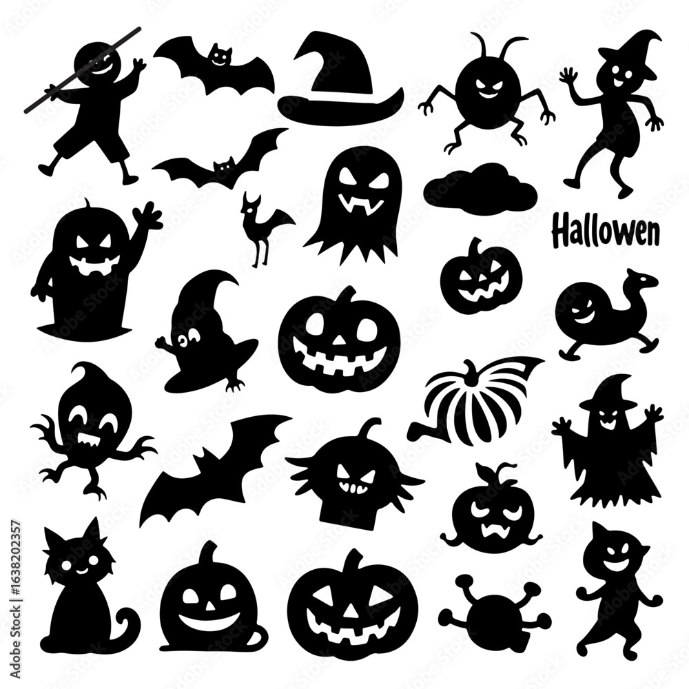 Obraz premium Halloween icons vector set with pumpkins ghosts bats cats witches and spooky symbols for autumn holiday celebration