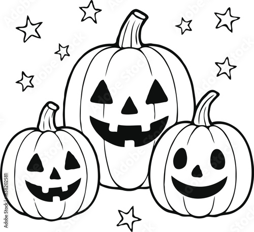 A happy family of three jack-o'-lantern pumpkins with smiling faces. Fun Halloween coloring page illustration concept for kids.