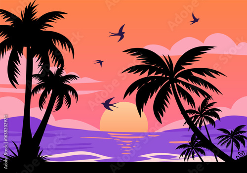 Palm tree silhouettes on tropical beach at sunset with ocean and sky background