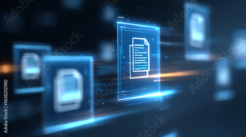 Abstract digital documents flying in a virtual space, showcasing the influence of technology on information management.