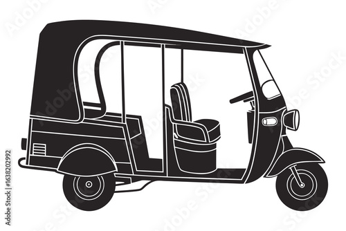 Black and white illustration of a classic auto rickshaw