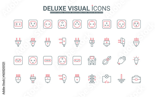 International adapter, types of electric sockets and plugs line icon set. Power tower and electrician tools, outlet grounding, light bulb thin black and red outline symbols vector illustration