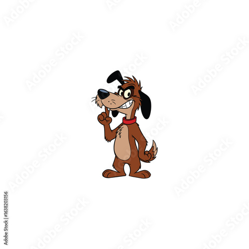 A funny cartoon dog with a sly expression, standing on its hind legs. The dog has brown fur, a red collar, and a mischievous look. Isolated on white background.