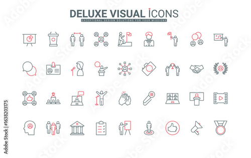 Training online, public lecture and presentation of project by teacher in front of audience line icons set. Seminar and office team discussion thin black and red outline symbols vector illustration