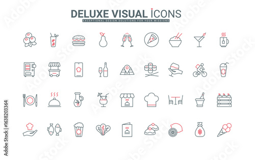 Restaurant food and drink, kitchen supplies and service line icons set. Chefs food and cake menu, order in mobile app and delivery, banquet thin black and red outline symbols vector illustration