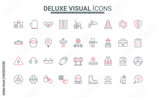 Health safety regulations at work line icons set. Personal secure workwear and glasses, protection against risk of accidents and disability thin black and red outline symbols vector illustration