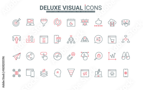 SEO optimization service, digital marketing line icons set. Online traffic of web page, search and advertise blog content, megaphone and target thin black and red outline symbols vector illustration