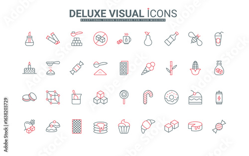 Sugar and sweetener, confectionery and bakery products line icon set. Sugar cubes and powder, bowl and stick, sweet food and drink, sugarless thin black and red outline symbols vector illustration