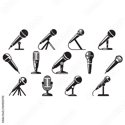 Microphone Collection Black and White Vector Illustration Featuring Various Styles for Singing Podcasts or Karaoke with Professional Audio Equipment