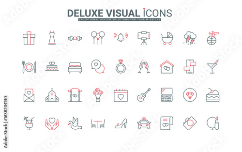 Wedding event celebration, ceremony and banquet, fun party line icons set. Bride and groom clothes and rings, marriage contract and church thin black and red outline symbols vector illustration