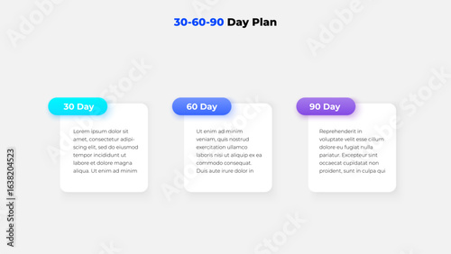 Visual representation of a step-by-step 30-60-90 day plan with modern design elements. Ideal for project management, business planning, or goal-setting presentations and documents