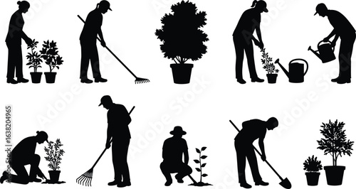 Gardener silhouettes, planting trees, watering plants, raking leaves, digging soil, horticulture workers, agriculture labor, outdoor gardening, landscaping maintenance, plant care, farming work