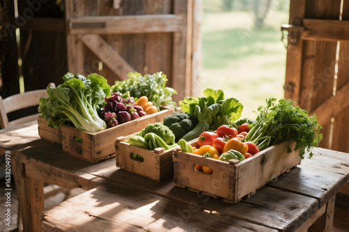 Fresh organic vegetables in rustic wooden crates