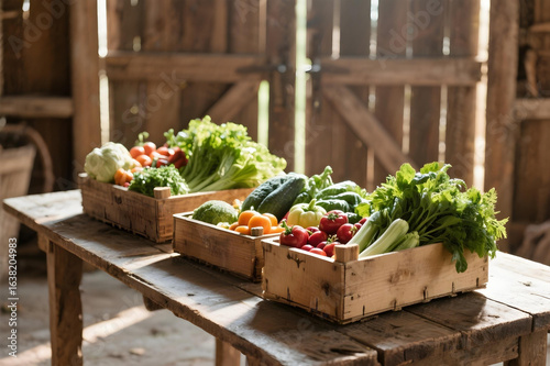 Fresh organic vegetables in rustic wooden crates