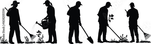 Gardening silhouettes, people with tools, planting, watering, digging, raking, garden work, horticulture activities, black and white vector, outdoor landscaping design