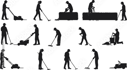 Gardening worker silhouettes, lawn care, landscaping activities, yard maintenance, garden tools, mowing grass, raking leaves, farming labor, outdoor work, vector illustration