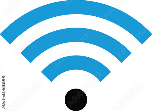 A stylized blue WiFi signal icon with three curved lines emanating from a black circular base.
