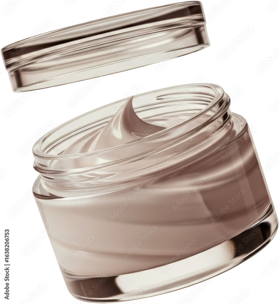 Obraz premium A glass jar of cream with its lid slightly lifted showing the smooth texture and shine of the cosmetic product transparent background