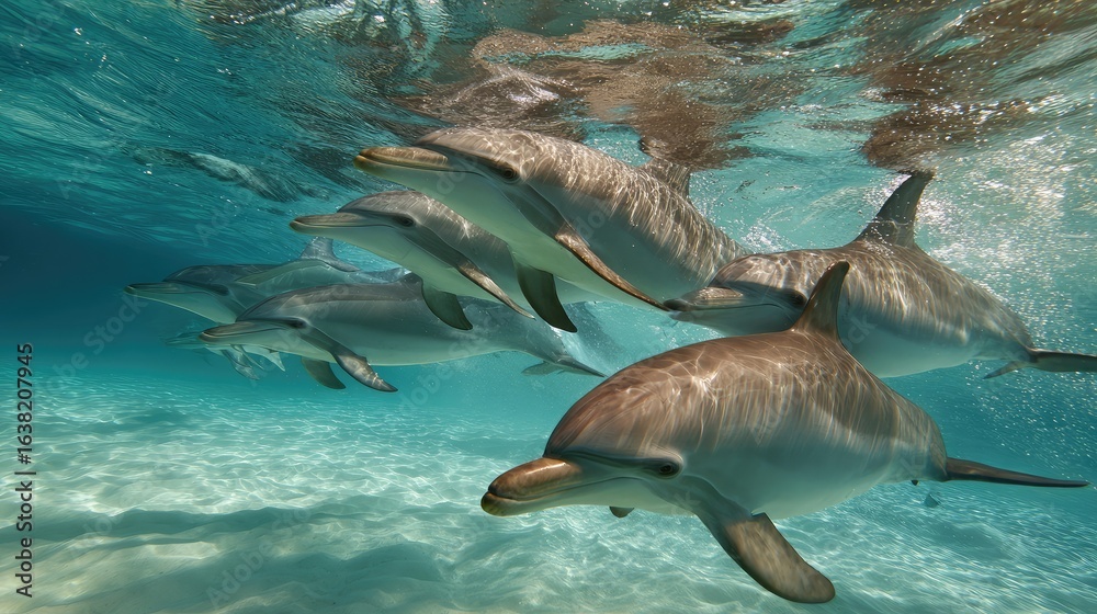 Fototapeta premium A pod of dolphins swims together in unison through crystal-clear turquoise waters