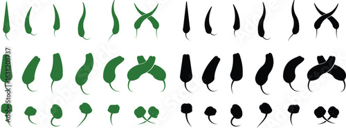 Chili pepper icon set, capsicum collection hot spice vector group, jalapeno silhouette and outline, cayenne symbol bundle, vegetable pictogram pack in flat style for seasoning design isolated