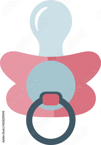 A pink and blue baby pacifier with a ring handle, depicted in a simple, flat vector illustration style.